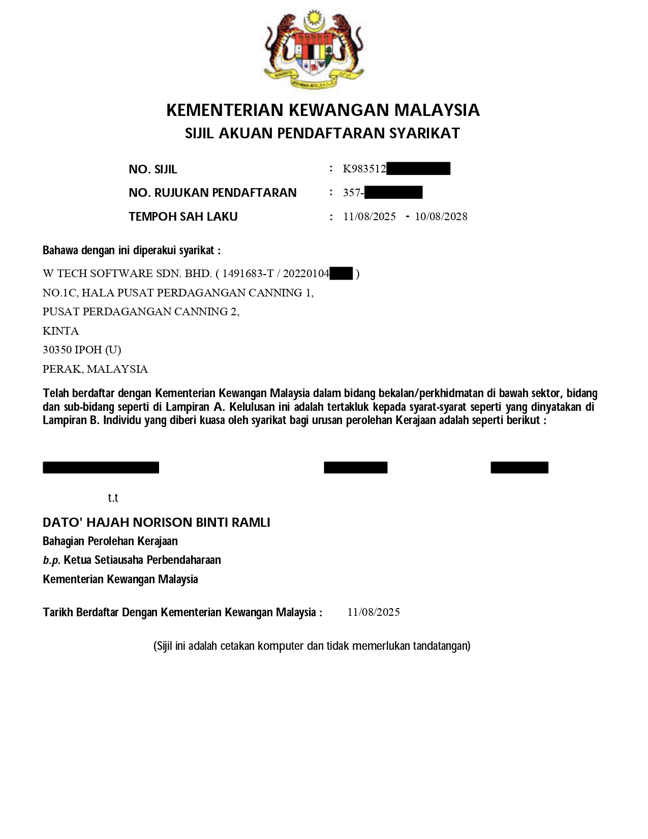 Software Company - Malaysian company registration certificate document